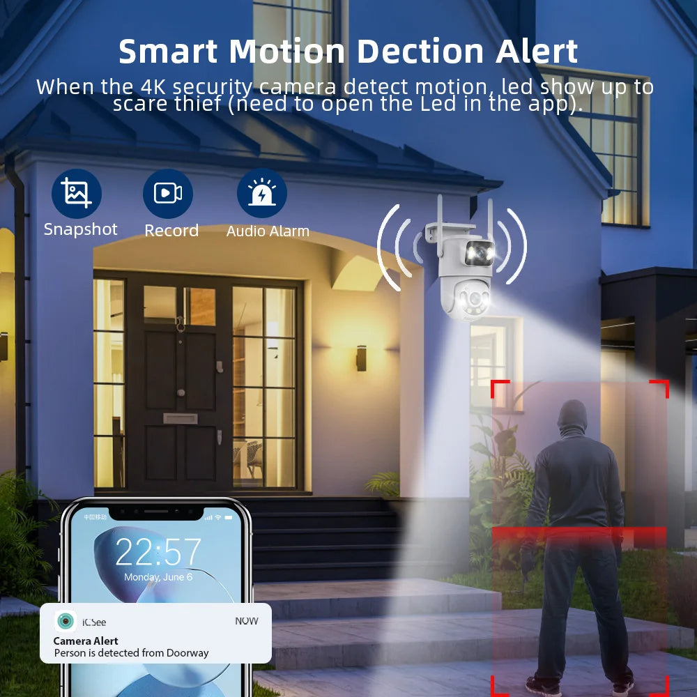 8MP 4K PTZ Wifi Camera Dual Lens Wireless Outdoor Surveillance Camera Ai Human Detect Security IP Camera Auto Tracking Icsee App