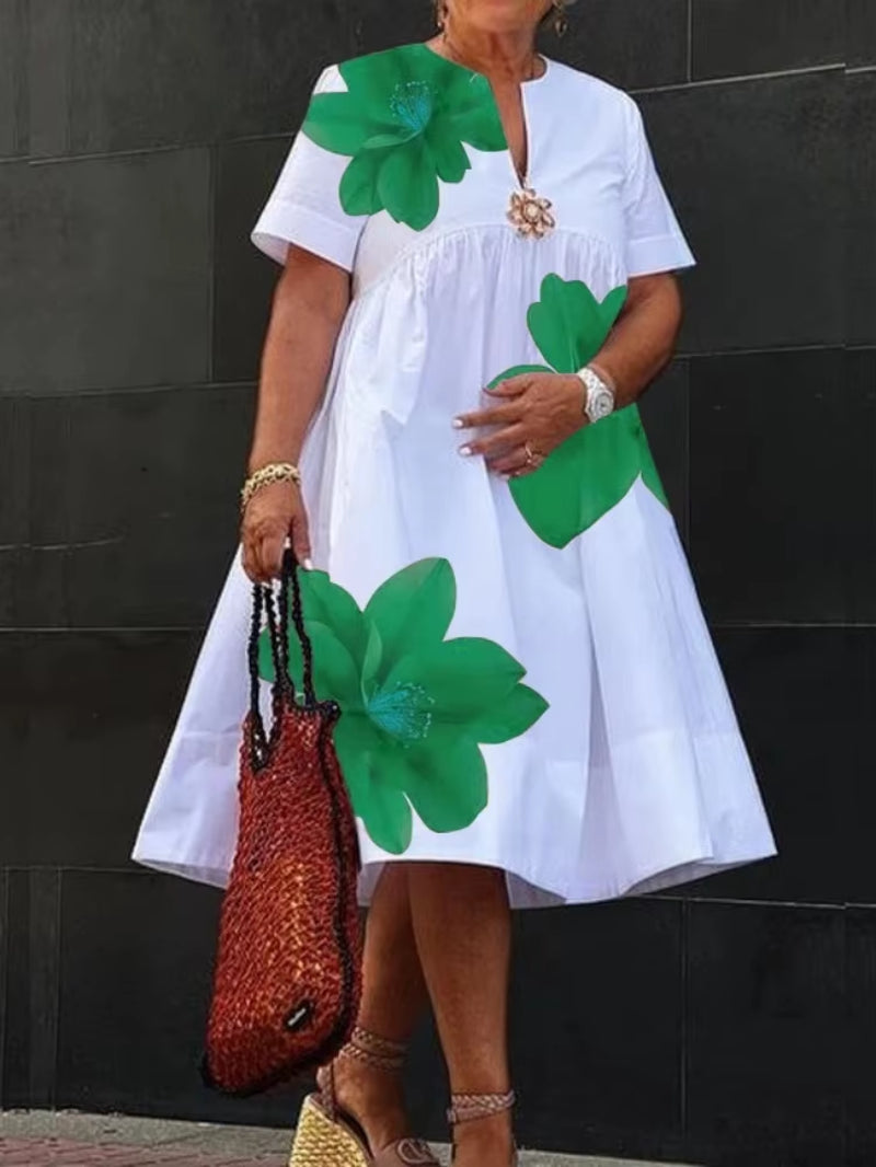 Women Midi Shirts Dress Summer New Dress 2025 V-Neck Pleated Short Sleeves White Loose Casual Flower Print A-Line Dresses