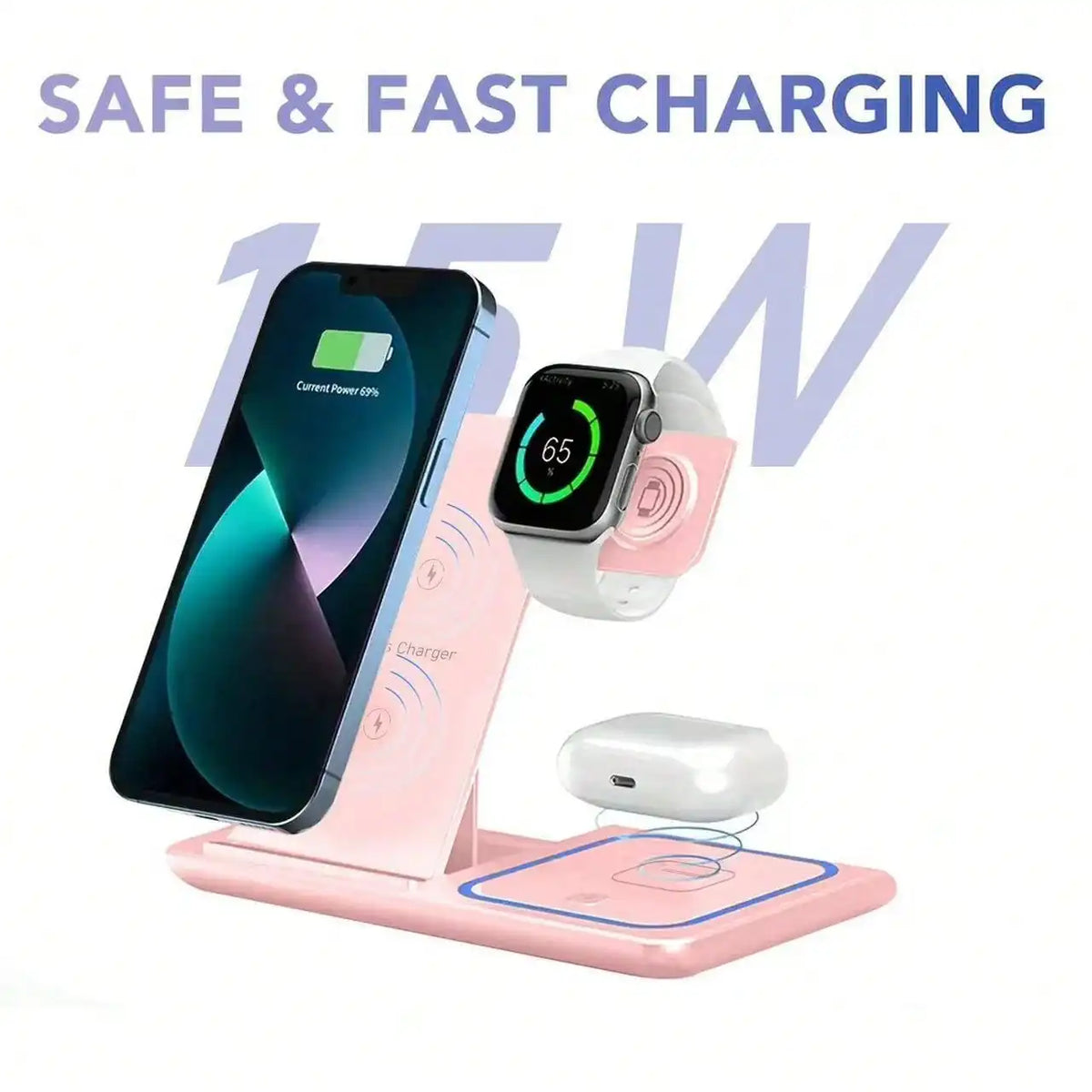 3-in-1 Wireless Charging Station with Mobile Phone Holder and LED Indicator for iPhone 17/16/15/14/13/12 Pro Max, Apple Watch Series 10/9/8/7/6/5, and AirPods 3/2 - Fast Charging Dock