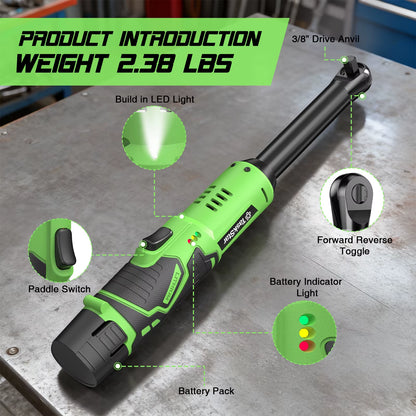 Taskstar 6-Inch Cordless Ratchet Wrench with Extended Reach, 3/8" Electric Wrench, 36.88 Ft-Lbs Torque for Automotive Repairs, Includes Two 2.0Ah Batteries and Integrated LED Work Light