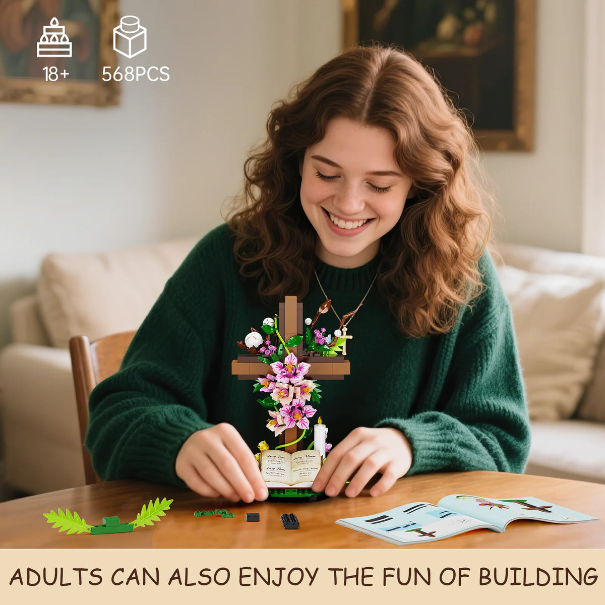 Jesus Cross Floral Building Blocks Set - Easter Bible-Themed Decorative Item for Adults (568 PCS) - Catholic Religious Gift