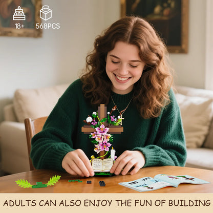 Jesus Cross Floral Building Blocks Set - Easter Bible-Themed Decorative Item for Adults (568 PCS) - Catholic Religious Gift