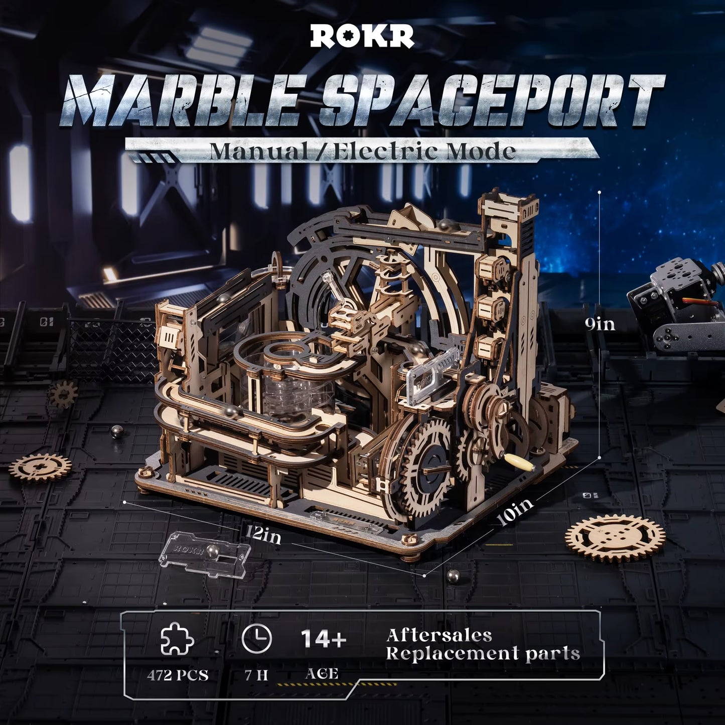 ROBOTIME Rokr Electric Marble Run with Light 3D Puzzle Toys Marble Spaceport Gifts for Kids Children Connect with Night City
