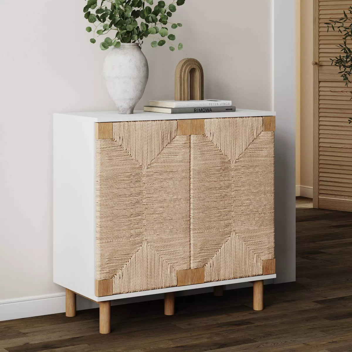  Wood and Seagrass Storage Cabinet in White with Veneer Surface and Fixed Shelf - Adult Assembly Required