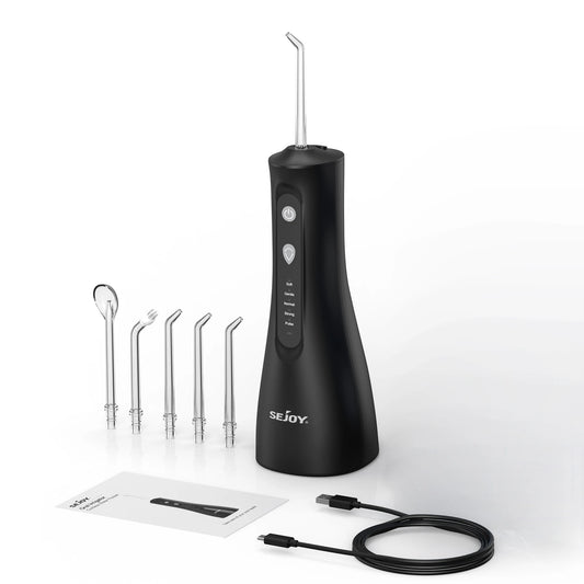 SEJOY Portable Electric Water Flosser with 350ML Tank, 5 Modes, and 5 Jet Tips for Dental Care and Teeth Whitening - Ideal for Home and Travel