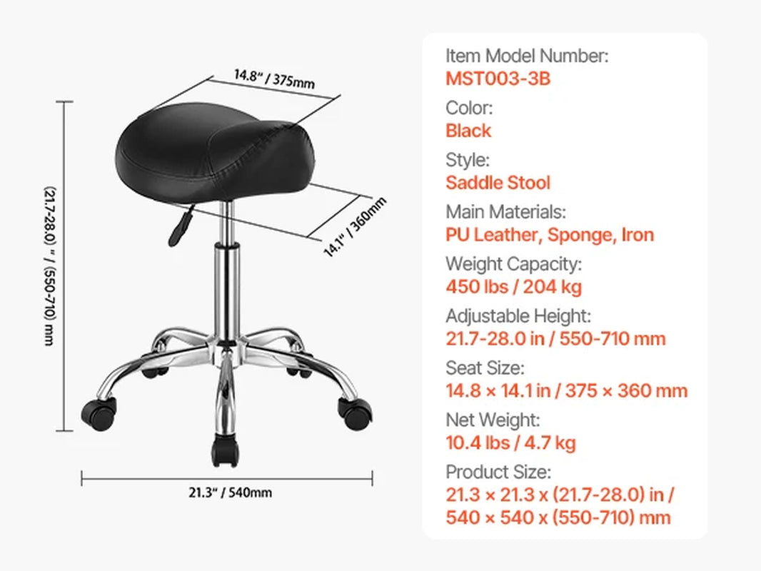 Succebuy Ergonomic Saddle Stool with Wheels, 450 lbs Weight Capacity, Height Adjustable Swivel Chair for Clinics, Salons, and Tattoo Studios