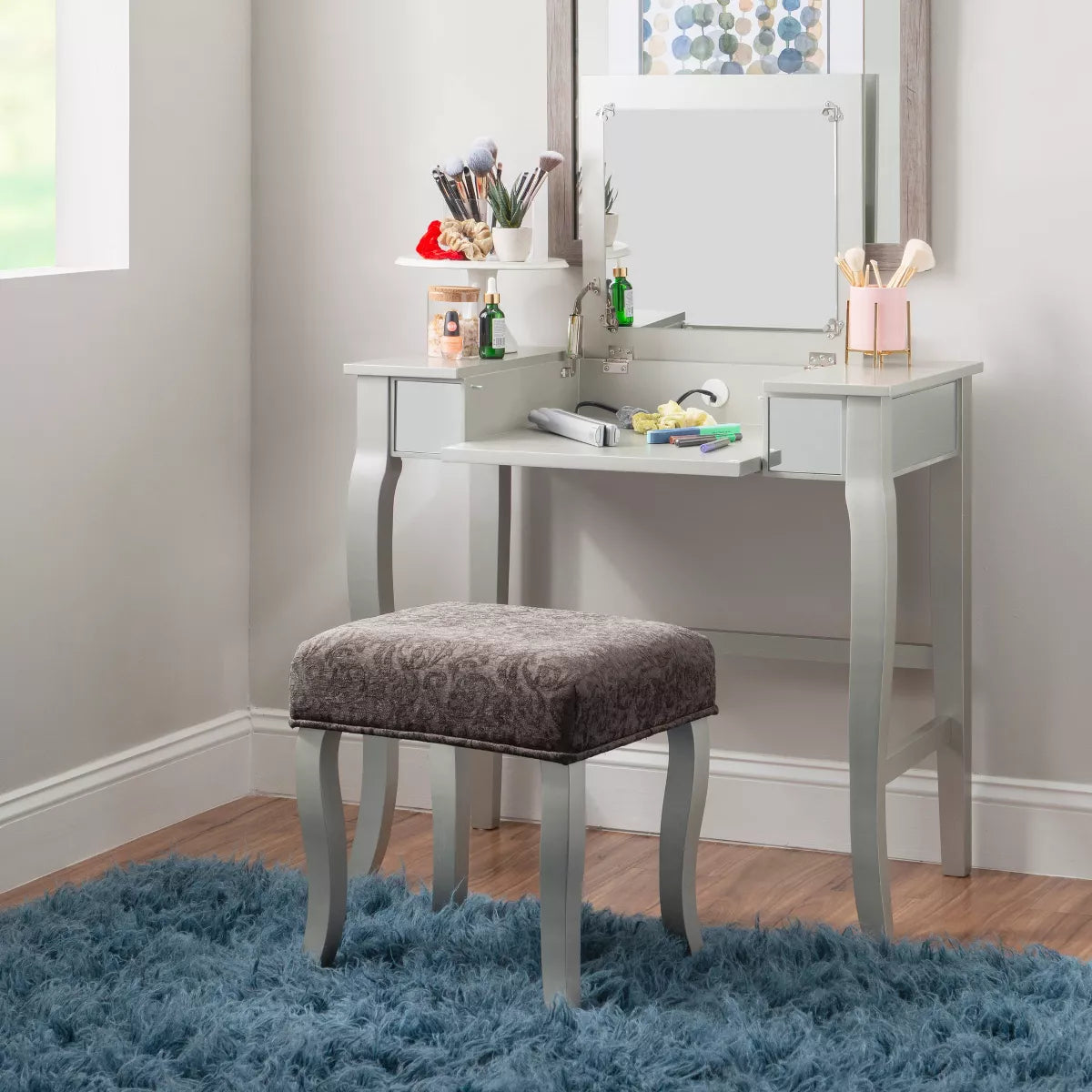 Harper Glam Flip-Up Mirror Wood Vanity and Gray Upholstered Stool Mirror and Silver