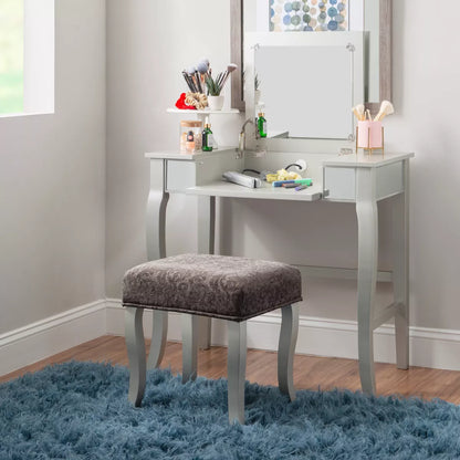 Harper Glam Flip-Up Mirror Wood Vanity and Gray Upholstered Stool Mirror and Silver
