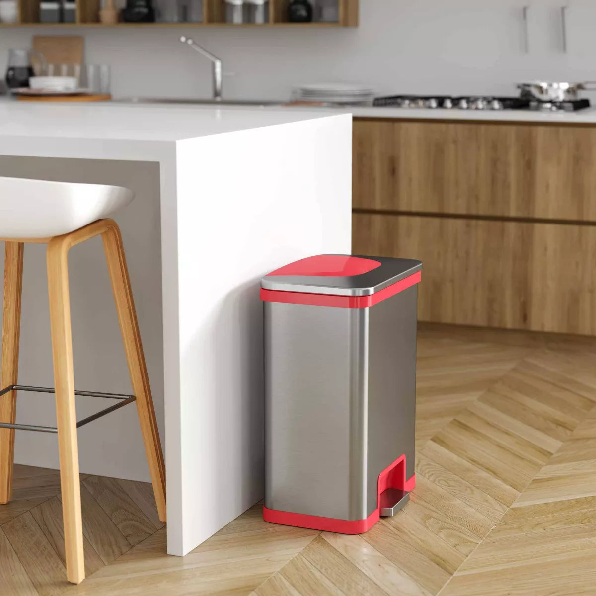 13-Gallon Stainless Steel Sensor Pedal Trash Can with Red Trim and Nonslip Base