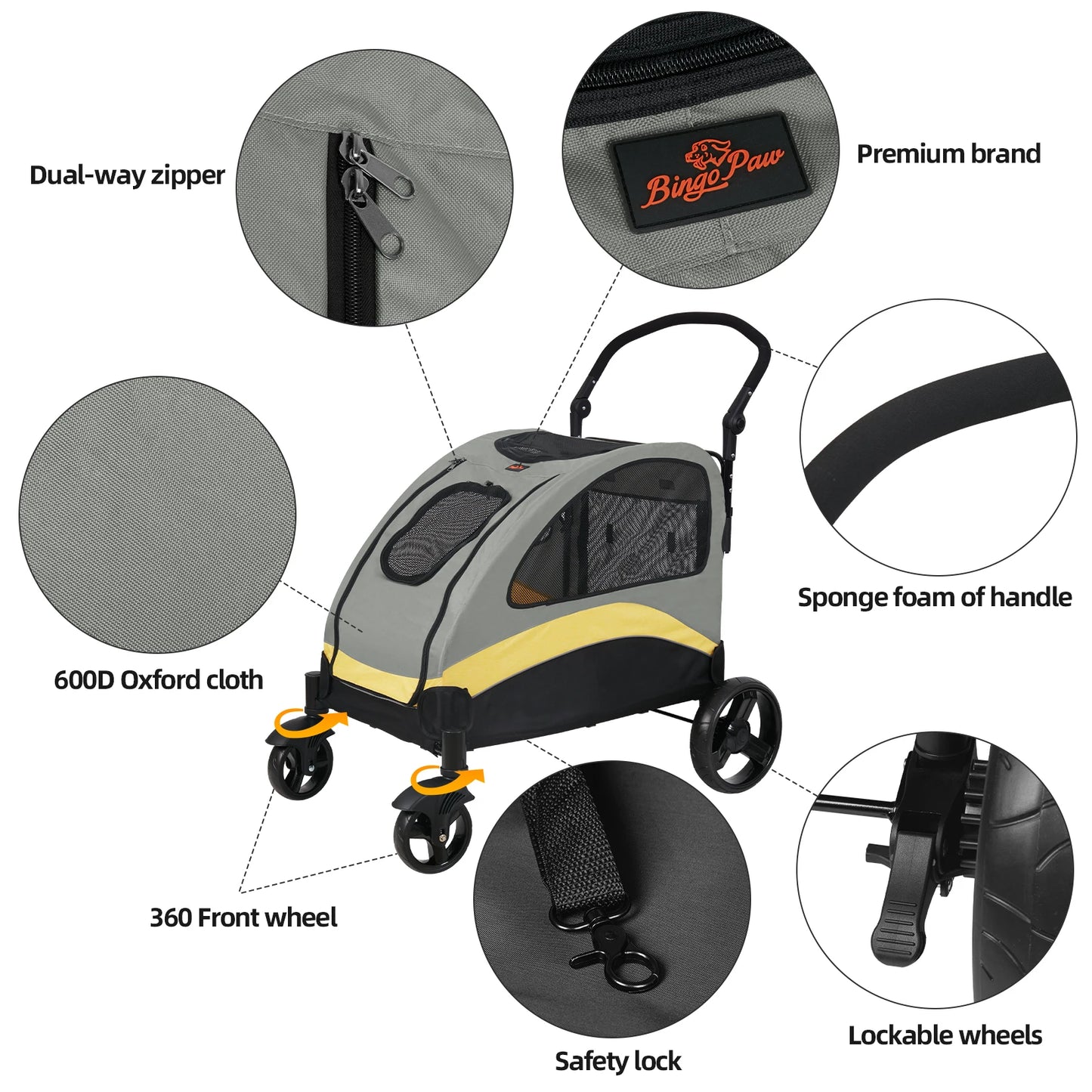 Dog Stroller Ultra-Large 4 Wheels Pet Jogger Wagon Foldable Cart Travel Trolley Outdoor Animal Carrier Load up to 55Kg