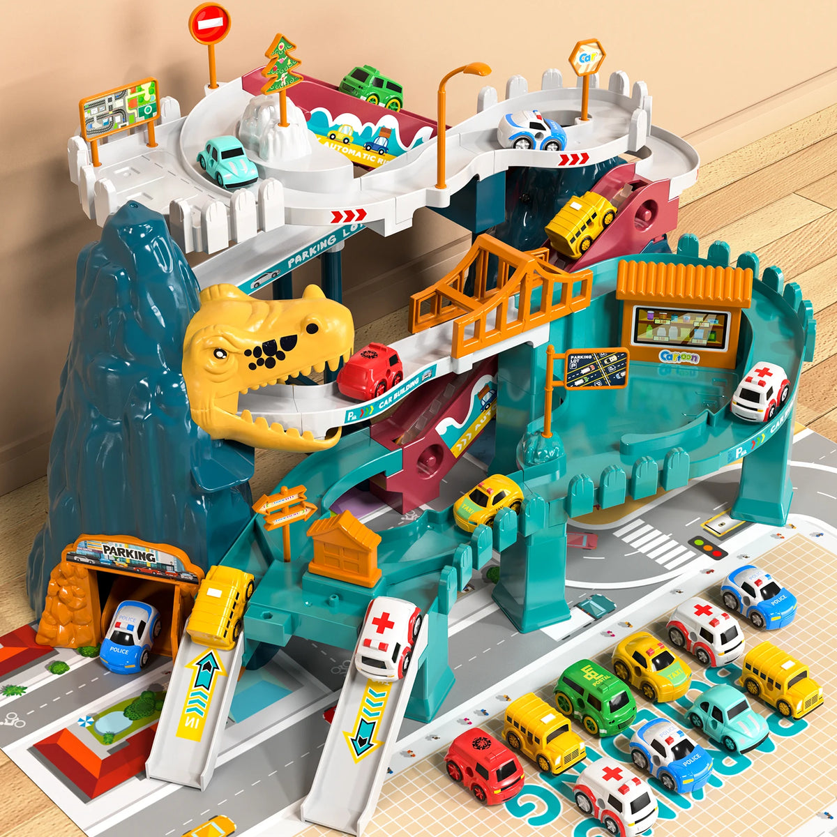 Boys Dinosaur Race Track Playset with Rolling Hills and Ramp for Mini Cars
