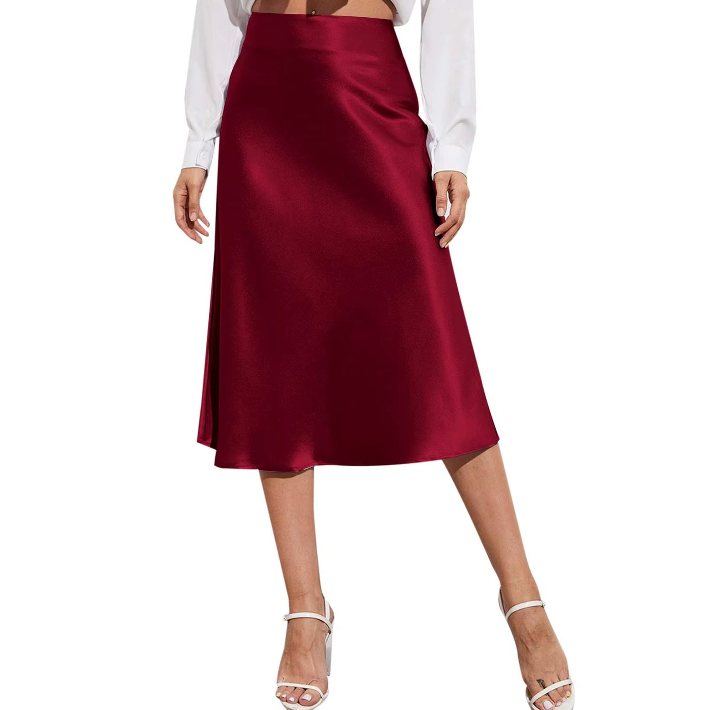 Aesthetic Satin A-Line Skirt Women'S Bright Face High Waist Solid Color Side Split Skirt with Zipper Knee Length Office Wear