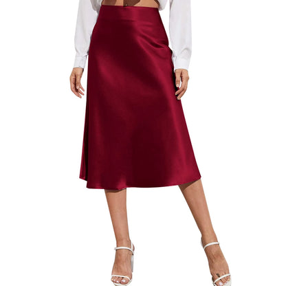 Aesthetic Satin A-Line Skirt Women'S Bright Face High Waist Solid Color Side Split Skirt with Zipper Knee Length Office Wear