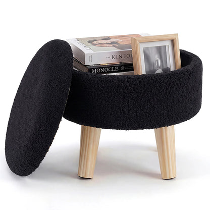 JHK Round Velvet Storage Ottoman with Padded Seat and Hidden Storage, Wood Legs for Living Room and Bedroom