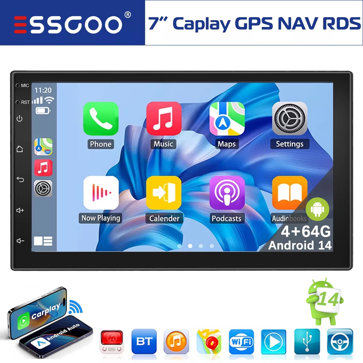 7" Double 2 DIN Android 14 Carplay Car Stereo Multimedia Video Player GPS Navigation Wifi FM/RDS Bluetooth Multimedia Fit Nissan