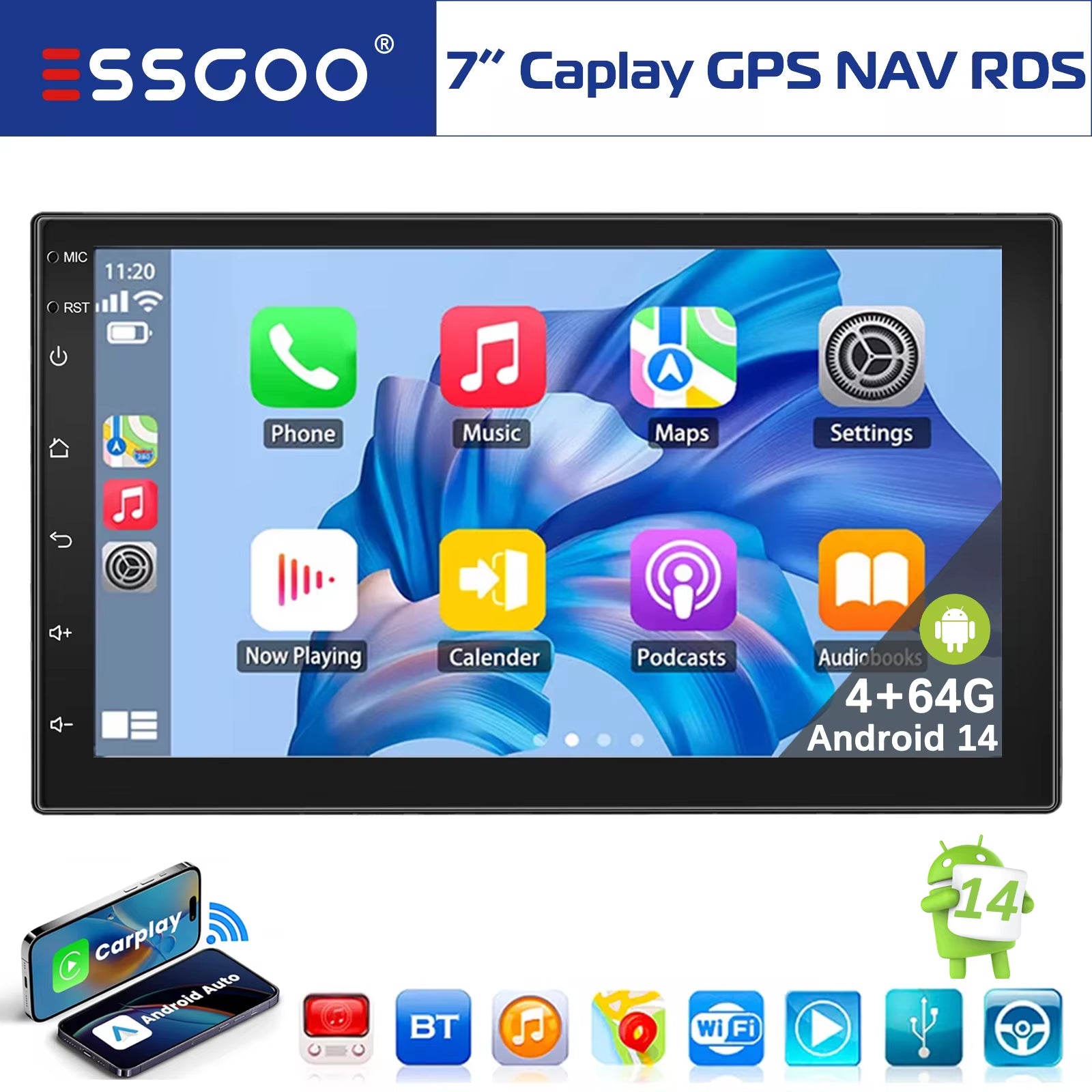 7" Double 2 DIN Android 14 Carplay Car Stereo Multimedia Video Player GPS Navigation Wifi FM/RDS Bluetooth Multimedia Fit Nissan