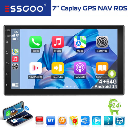 7" Double 2 DIN Android 14 Carplay Car Stereo Multimedia Video Player GPS Navigation Wifi FM/RDS Bluetooth Multimedia Fit Nissan