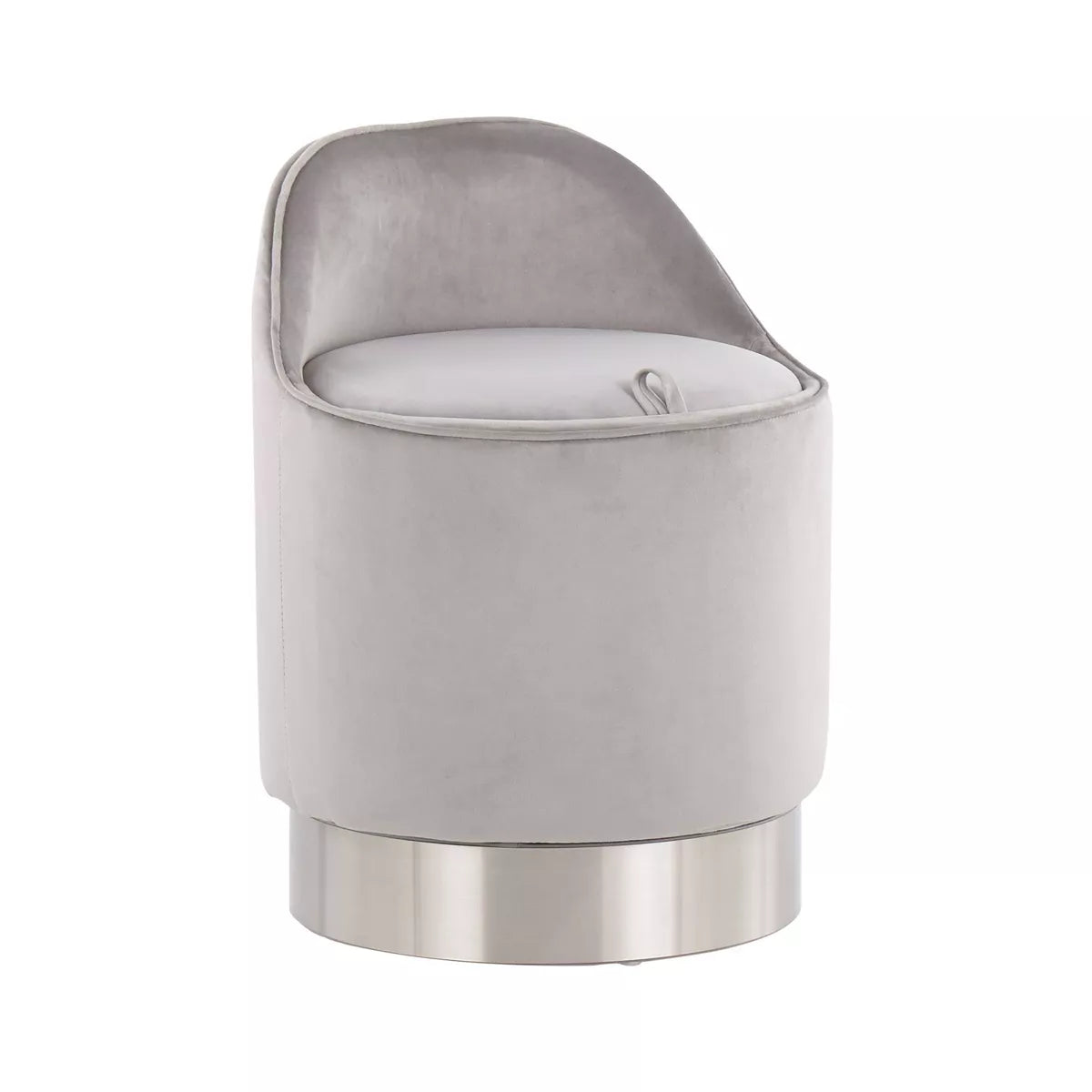 Glam Vanity Stool Steel/Velvet Chrome/Silver: Round, Swivel, Mid-Century Modern Ottoman with Storage