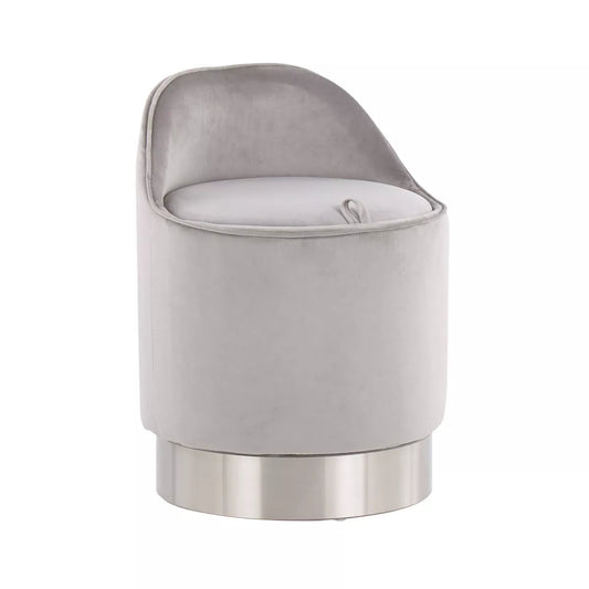 Glam Vanity Stool Steel/Velvet Chrome/Silver: Round, Swivel, Mid-Century Modern Ottoman with Storage