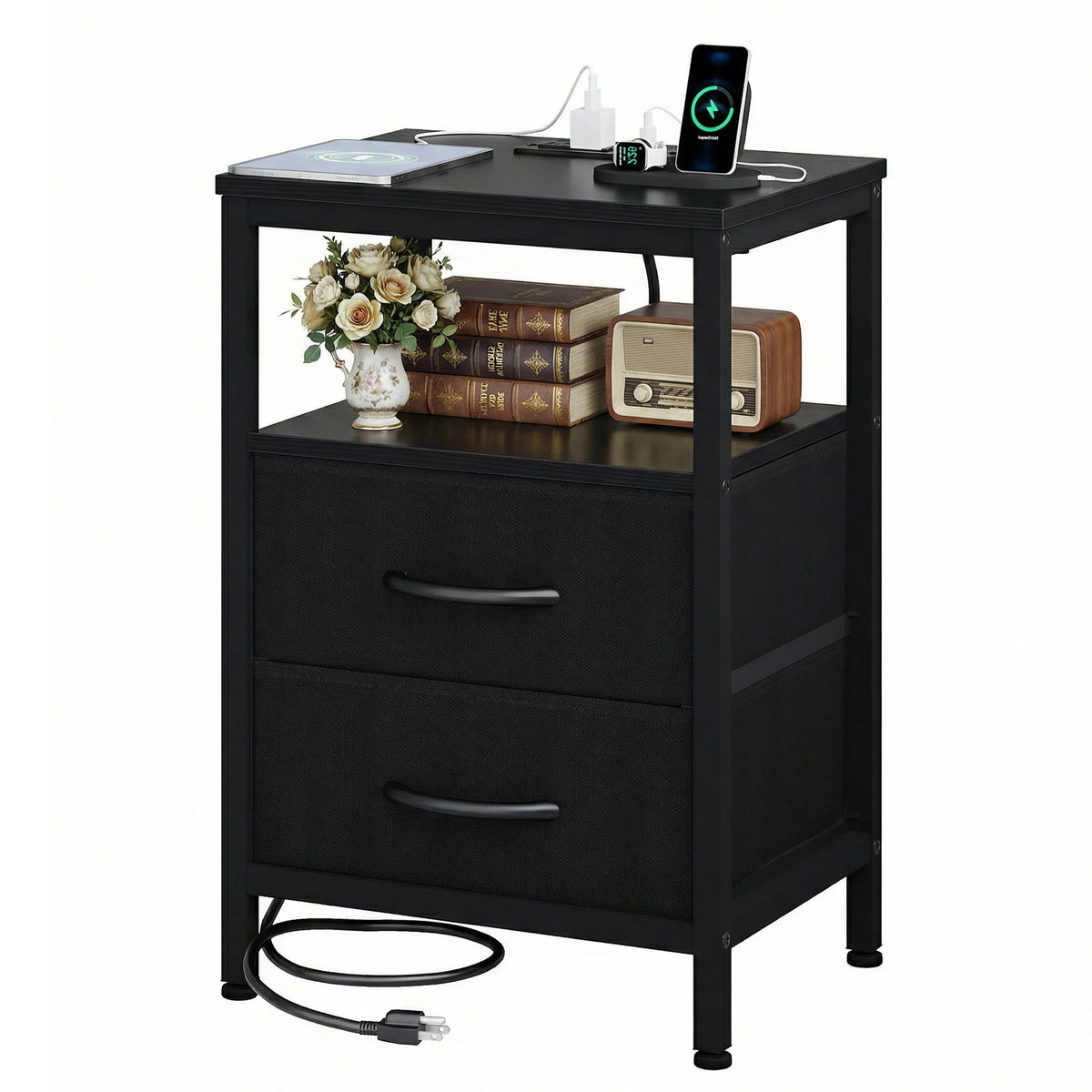 JHK 2-Drawer Fabric Nightstand with Open Shelf and USB Charging Station - Versatile Storage End Table for Living Room