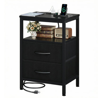 JHK 2-Drawer Fabric Nightstand with Open Shelf and USB Charging Station - Versatile Storage End Table for Living Room