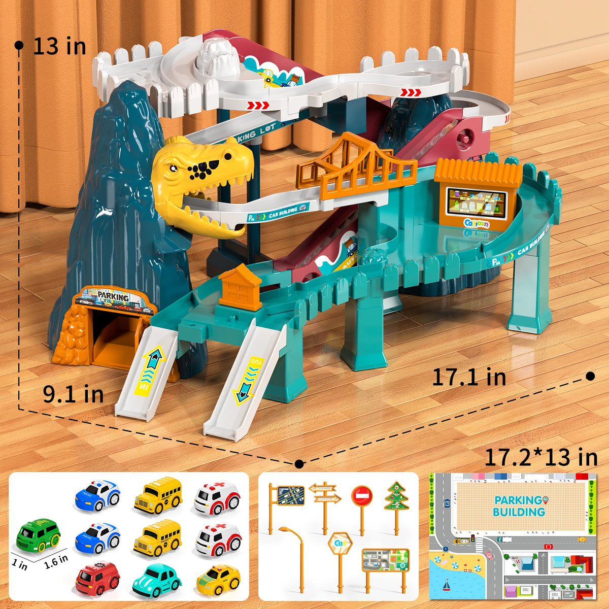 Boys Dinosaur Race Track Playset with Rolling Hills and Ramp for Mini Cars