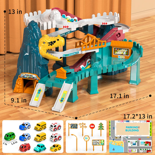 Boys Dinosaur Race Track Playset with Rolling Hills and Ramp for Mini Cars
