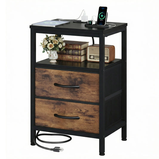 JHK 2-Drawer Fabric Nightstand with Open Shelf and USB Charging Station - Versatile Storage End Table for Living Room