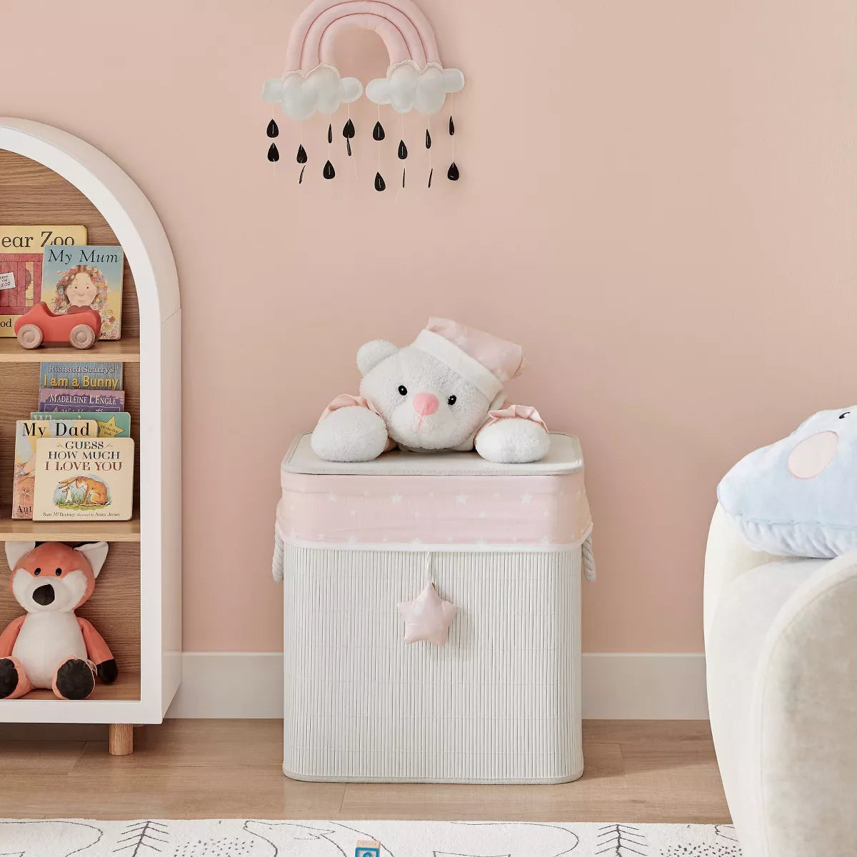 Bamboo Collapsible Laundry Hamper and Toy Storage for Kids with Handles in Pink and Cream Teddy Bear Design