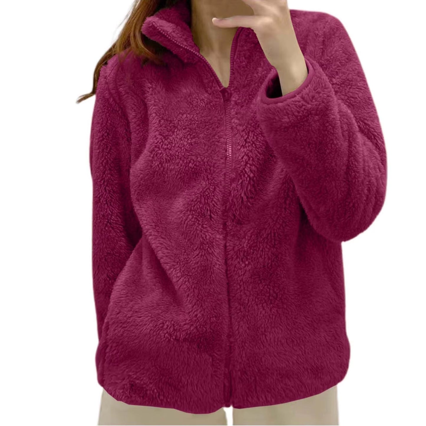 Women Casual Zip up Fleece Jacket Solid Color Long Plush Polar Warm Zipper Outwears Female Gils Lamb Wool Jackets with Pockets