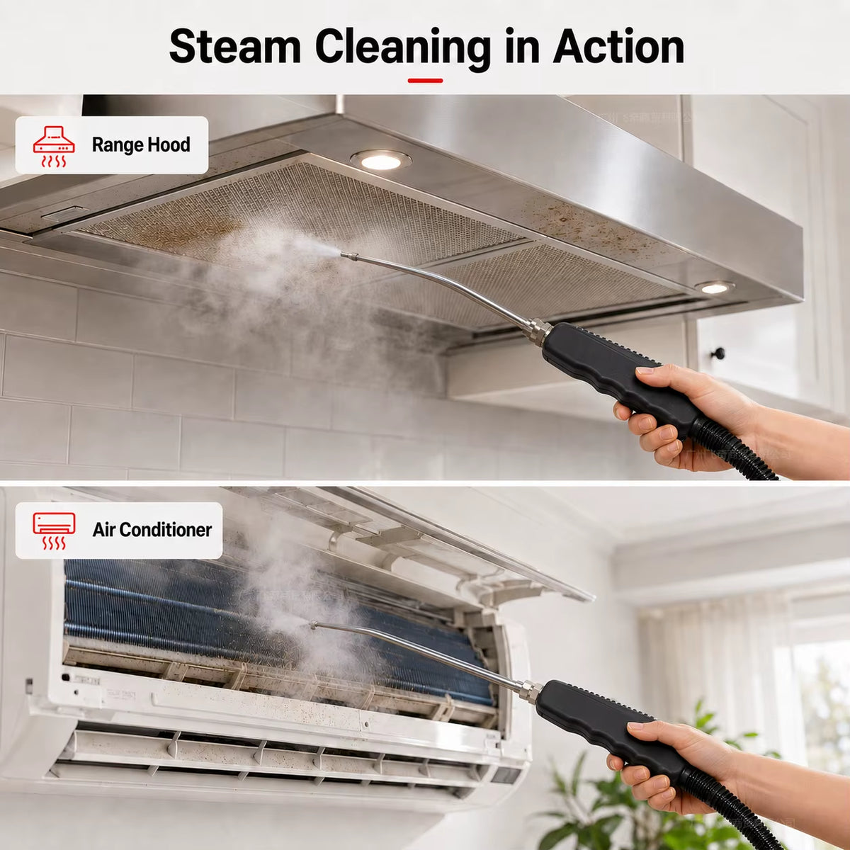 High-Pressure Portable Steam Cleaner with Brush Heads - Handheld Sanitizer with 6-Speed Settings, Extended Hose, and Large Capacity for Effective Grease and Dust Mite Removal in Air Conditioners, Range Hoods, Floors, Bathrooms, and Cookware.