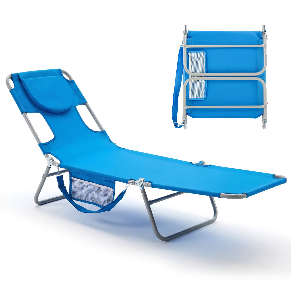 JHK 5-Position Adjustable Reclining Beach Lounge Chair - Portable Folding Sun Chair with Face and Arm Holes, Supports Up to 225 lbs for Patio Use