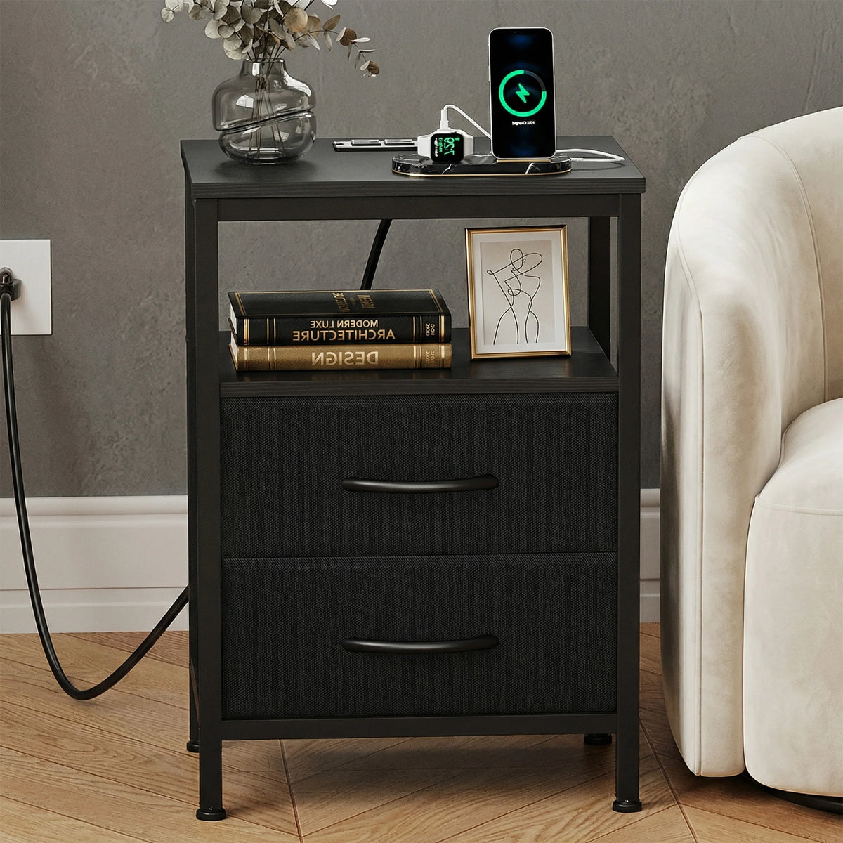 JHK 2-Drawer Fabric Nightstand with Open Shelf and USB Charging Station - Versatile Storage End Table for Living Room