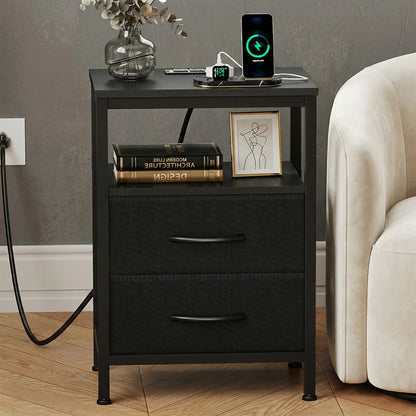 JHK 2-Drawer Fabric Nightstand with Open Shelf and USB Charging Station - Versatile Storage End Table for Living Room