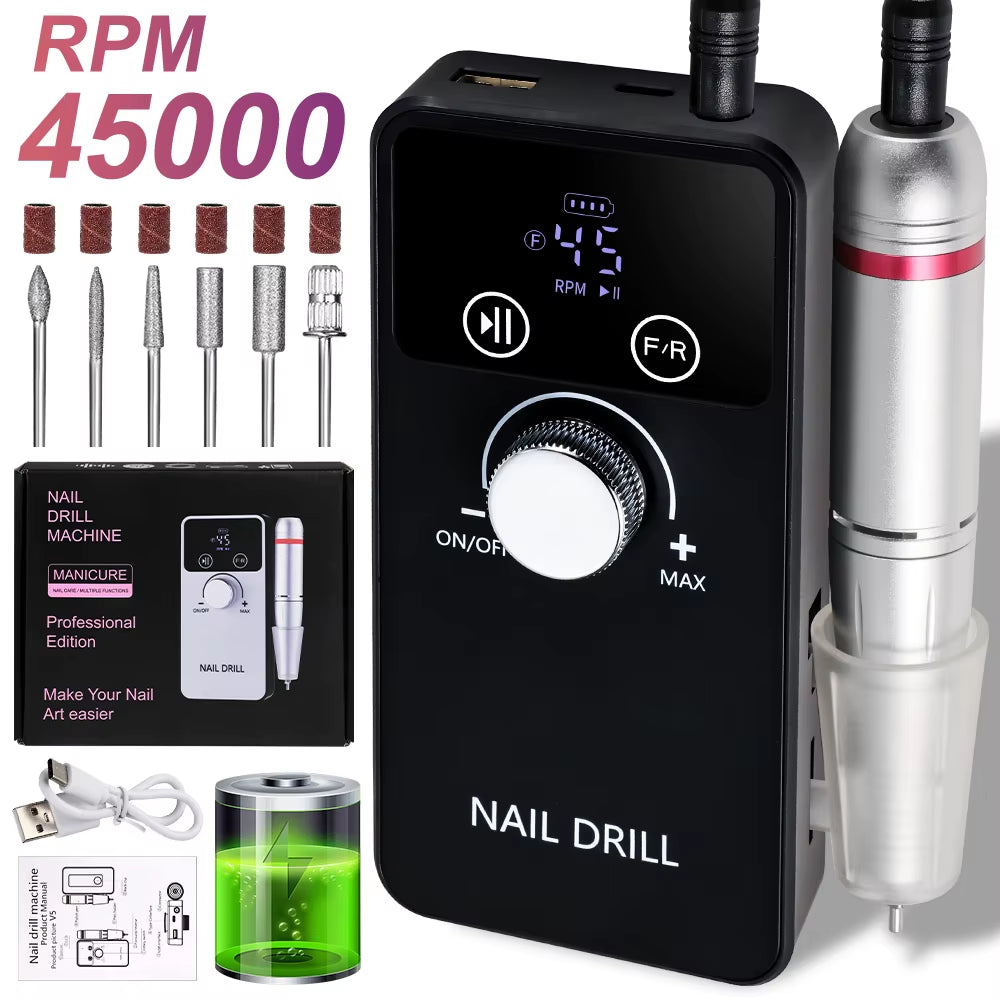 45000RPM Professional Electric Nail Drill Machine Rechargeable Nail File Nails Accessories Gel Nail Polish Sander Low Noise Tool