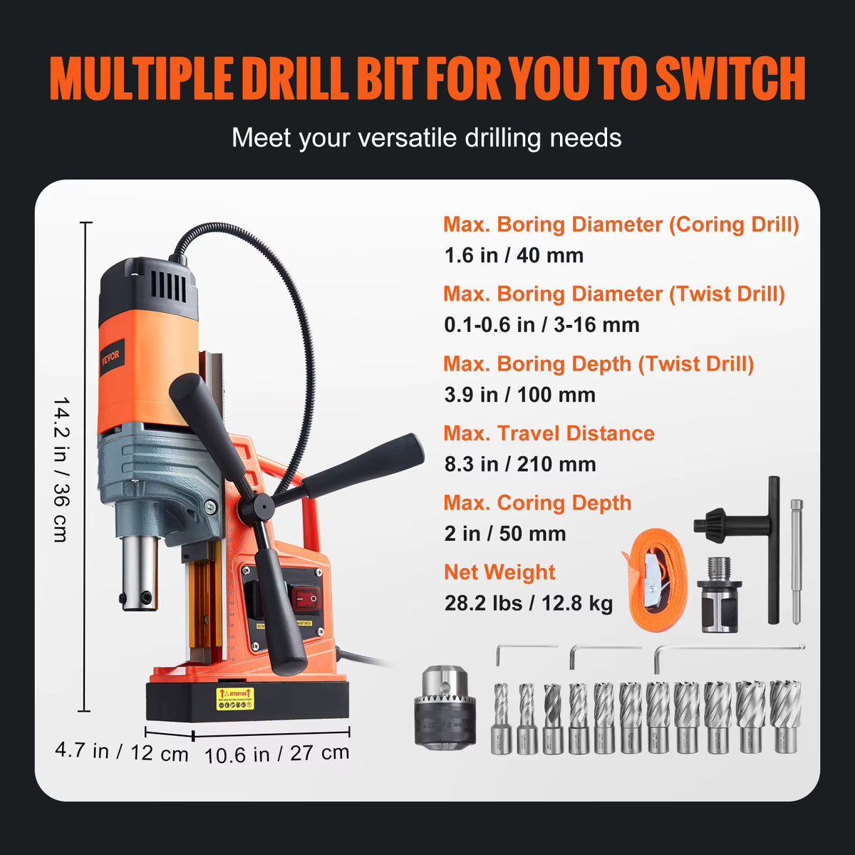 Succebuy 1300/1550W Portable Electric Magnetic Drill Press with Variable Speed 0-500 RPM for Metal Surfaces