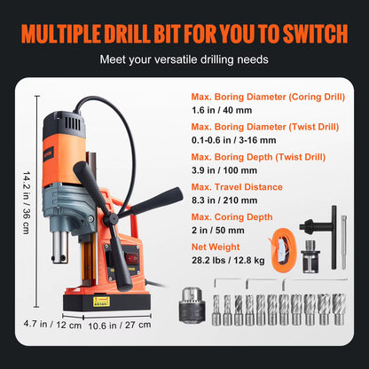 Succebuy 1300/1550W Portable Electric Magnetic Drill Press with Variable Speed 0-500 RPM for Metal Surfaces