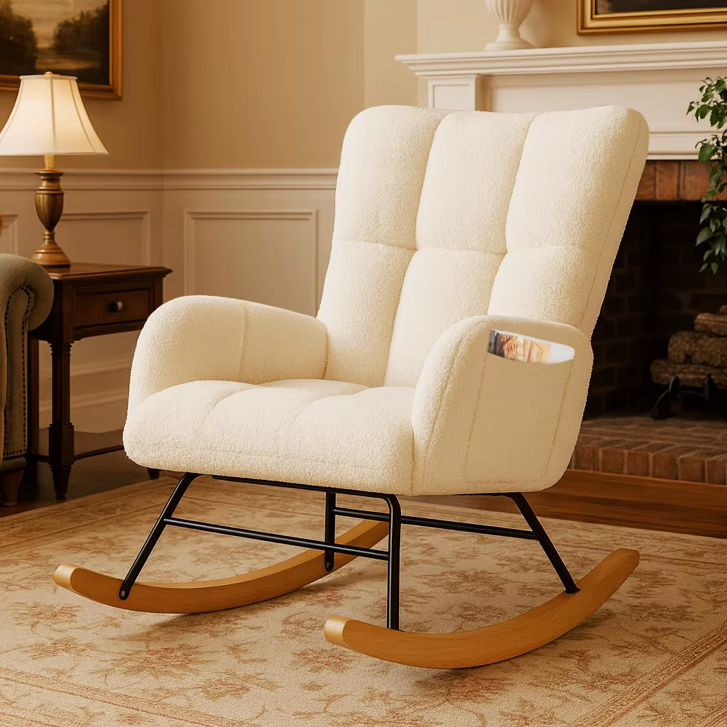 COMHOMA Teddy Glider Rocking Chair with Side Pockets, High Back Design for Adults - Ideal for Bedroom and Living Room