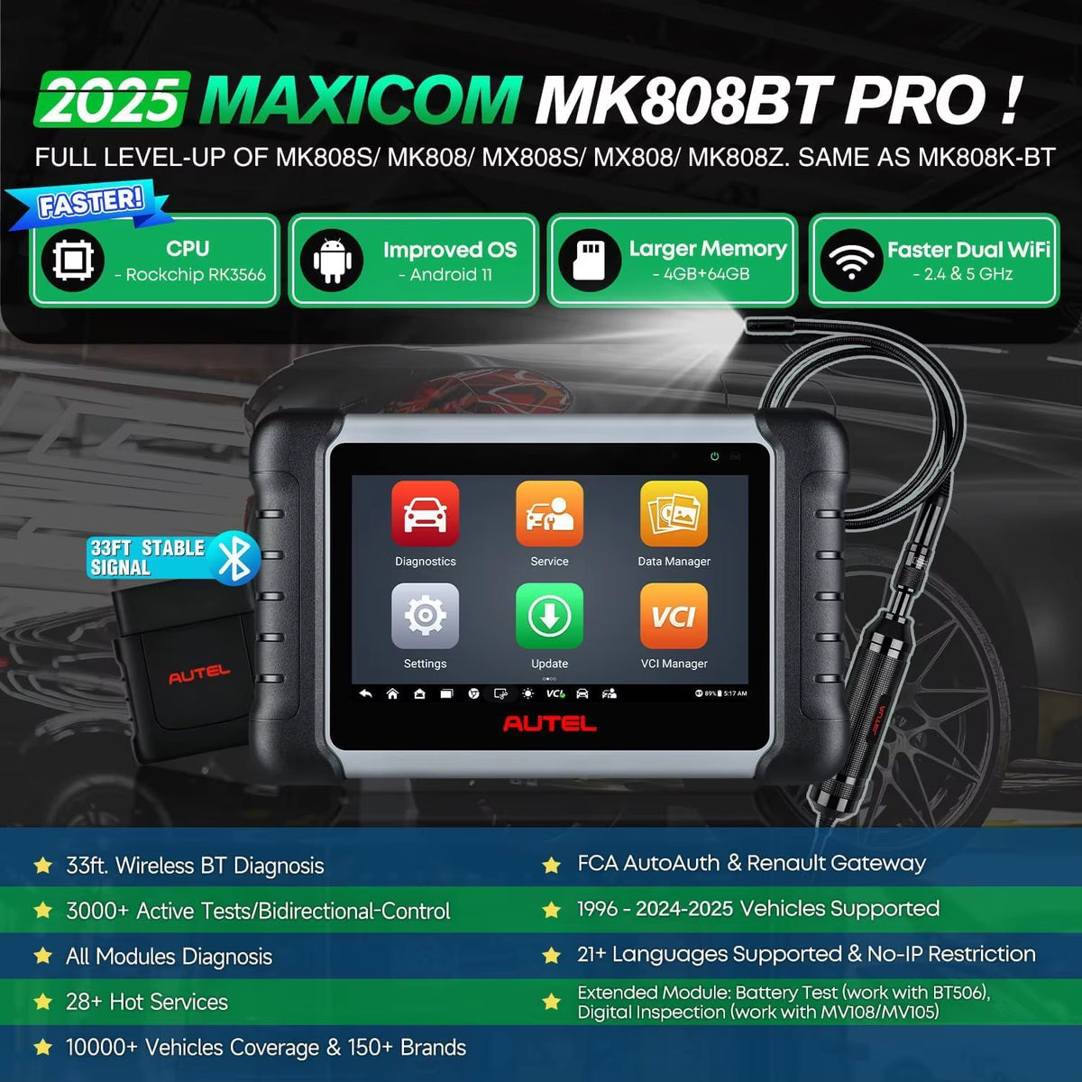 Autel Maxicom MK808BT PRO OBD2 Automotive Diagnostic Scanner - Advanced Bidirectional Tool with Key Coding, Active Tests, Injector Coding, and Comprehensive System Coverage