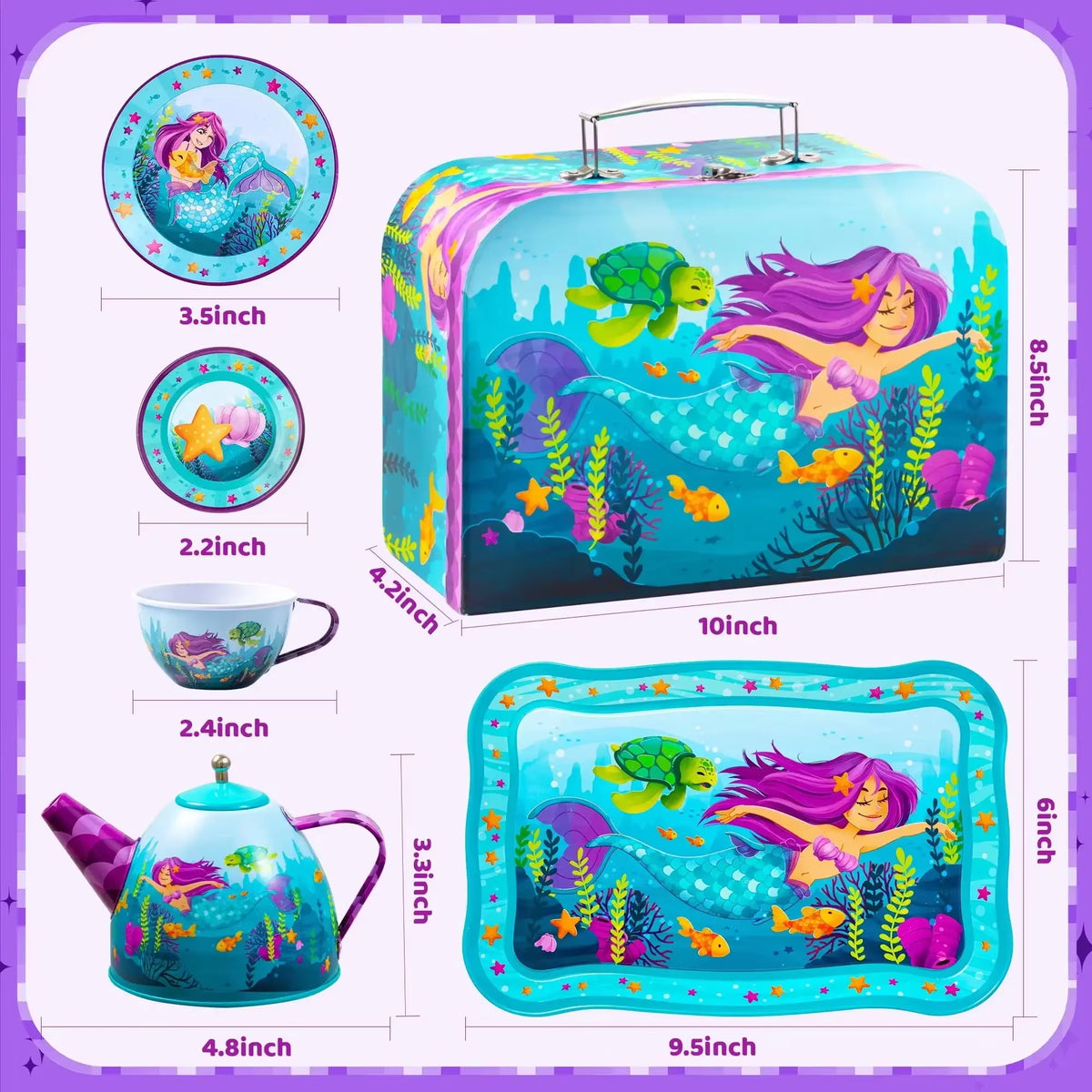 Mermaid-Themed Tea Party Set for Girls - Pretend Play Tin Teapot Kitchen Toy for Toddlers Ages 2 to 6