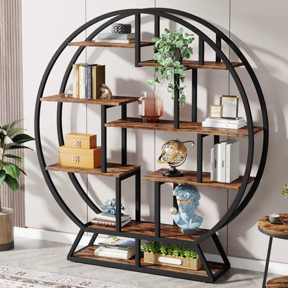 Tribesigns 63-Inch Industrial Wood Bookcase with Staggered Shelves and Round Design