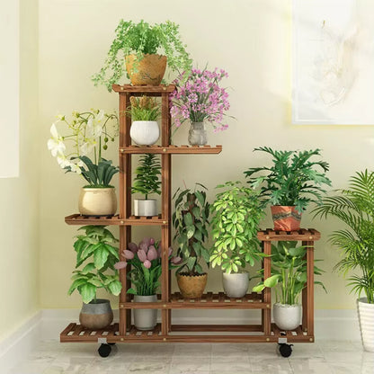 Multi-Tiered Wooden Plant Stand with Wheels for Indoor and Outdoor Use