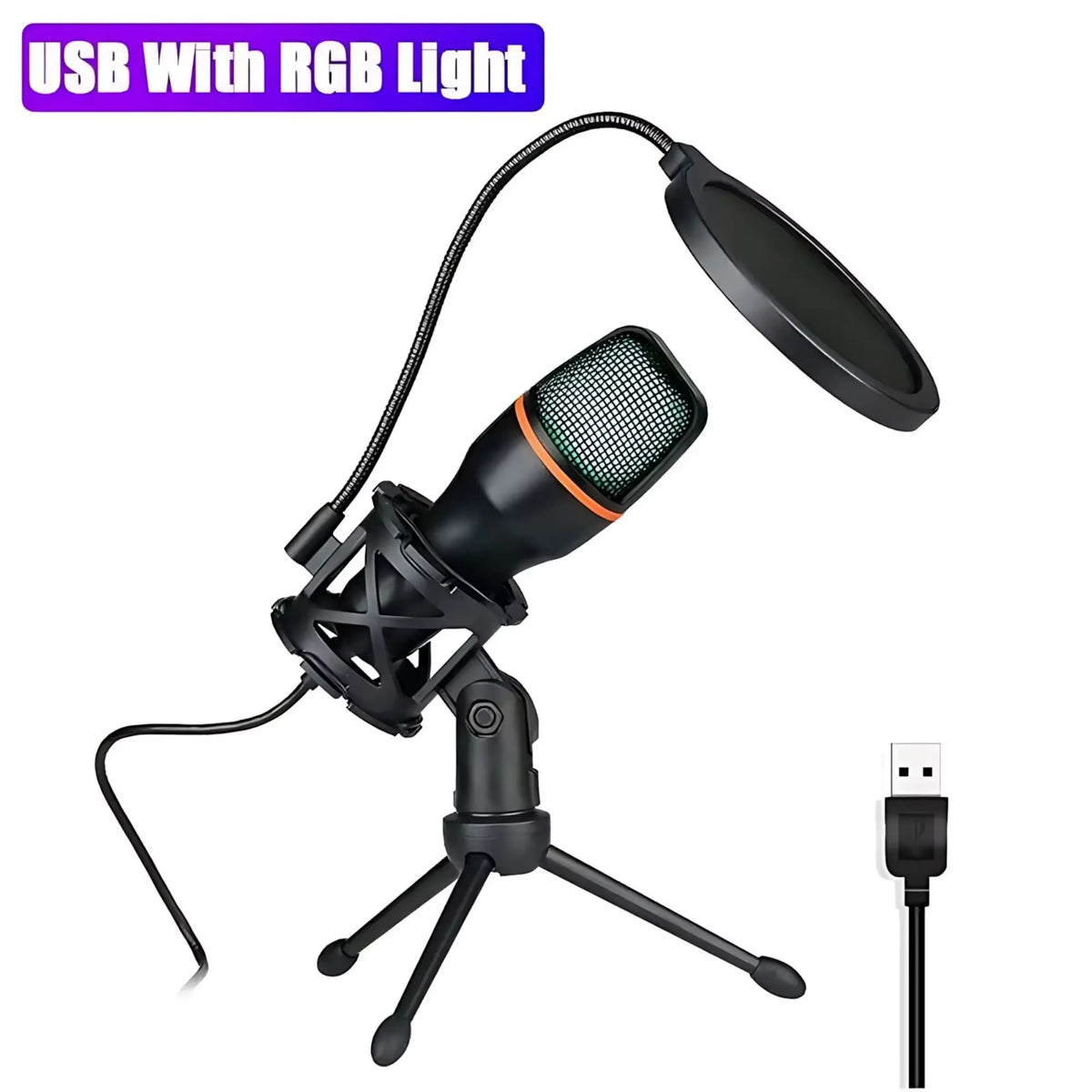 Premium USB Condenser Microphone Kit with Tripod Stand and RGB Lighting for Gaming, Streaming, and Content Creation on PC, Laptop, and Mac - Features Mute Button and Built-in Voice Changer