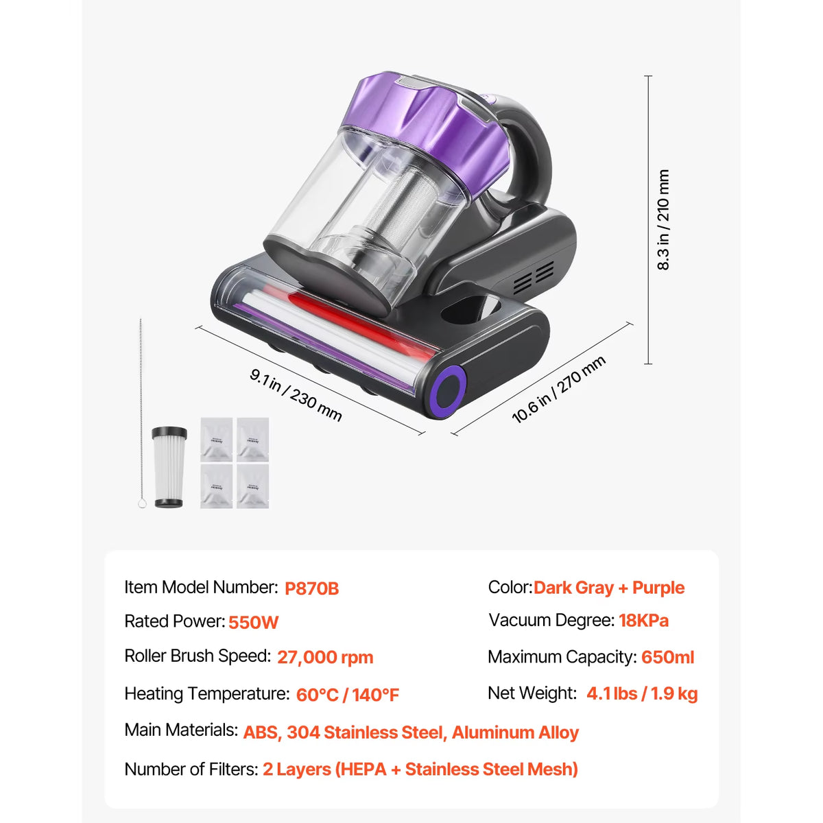 Succebuy Handheld Mattress Vacuum Cleaner with 18Kpa Suction Power, Dual Dust Bin, HEPA Filter, and Heating Ultrasound for Beds and Sofas