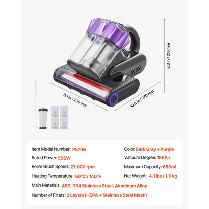 Succebuy Handheld Mattress Vacuum Cleaner with 18Kpa Suction Power, Dual Dust Bin, HEPA Filter, and Heating Ultrasound for Beds and Sofas