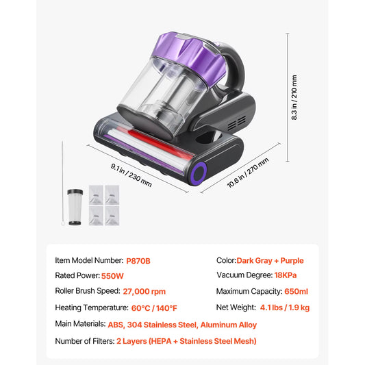 Succebuy Handheld Mattress Vacuum Cleaner with 18Kpa Suction Power, Dual Dust Bin, HEPA Filter, and Heating Ultrasound for Beds and Sofas