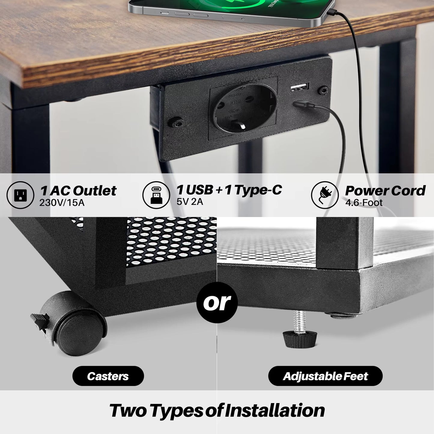 Redlife C Shaped End Table W/ Charging Station Side Table for Couch Sofa Table W/ Storage Shelf & Rolling Wheels for Small Space