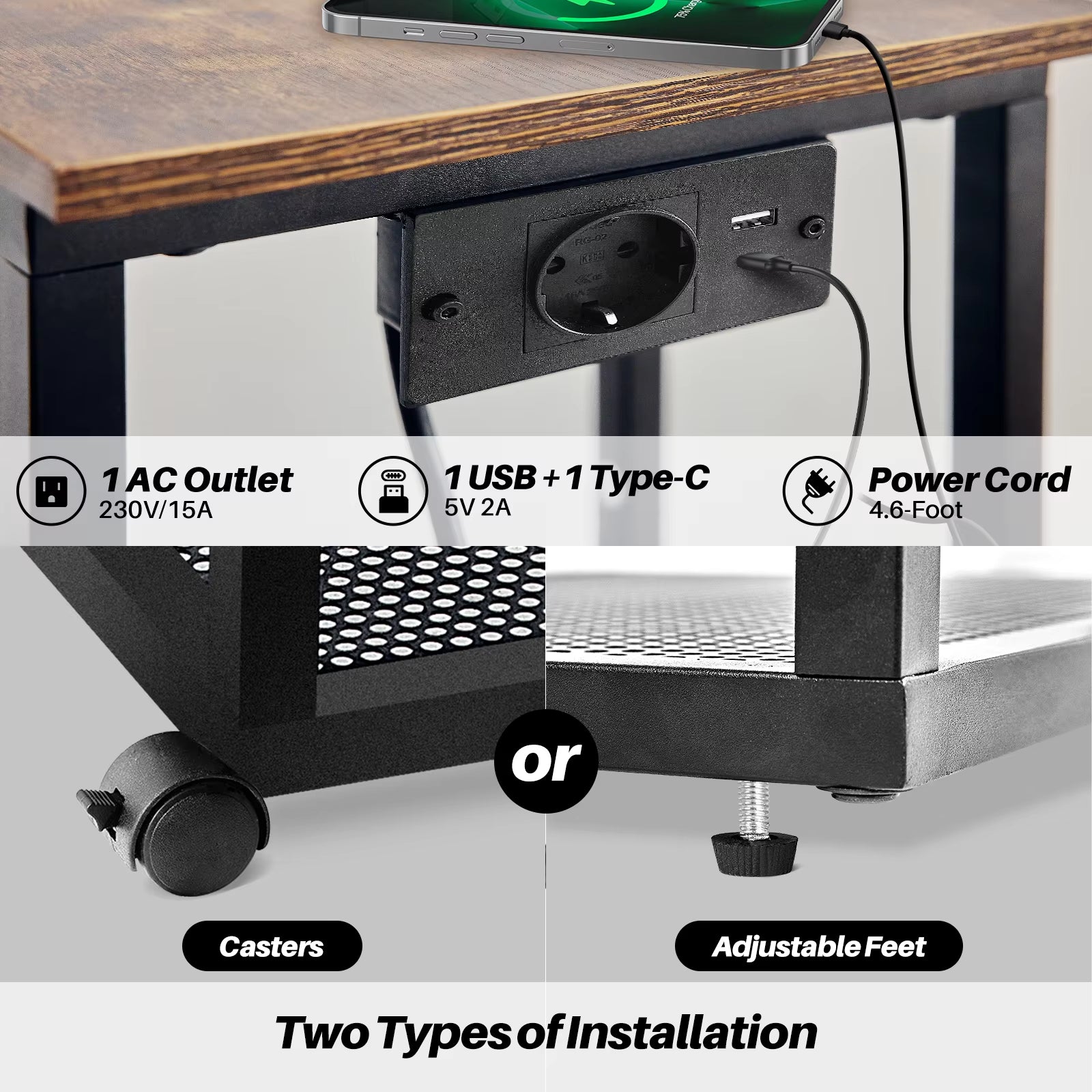 Redlife C Shaped End Table W/ Charging Station Side Table for Couch Sofa Table W/ Storage Shelf & Rolling Wheels for Small Space