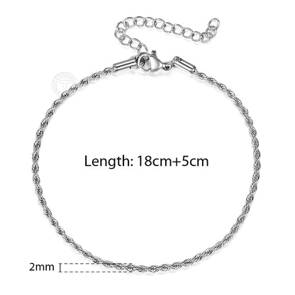 2/3/4/5Mm Stainless Steel Twisted Rope Chain Bracelets for Women Men Fashion Punk Bangle Length Adjustable 18Cm+5Cm