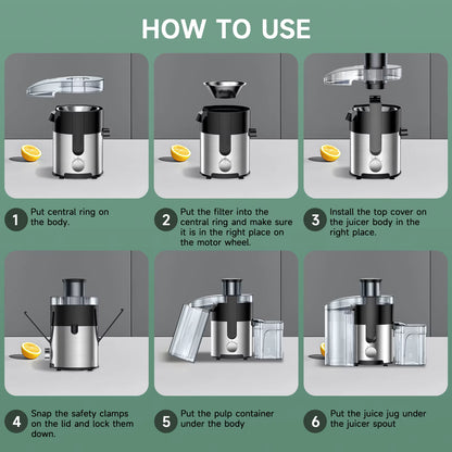 Professional High-Speed Juicer with 3-Inch Wide Mouth, Metal Body, 3-Speed Settings, Easy Cleaning, Detachable Design, High Juice Yield, and Adjustable Spout for Efficient Fruit and Vegetable Juicing